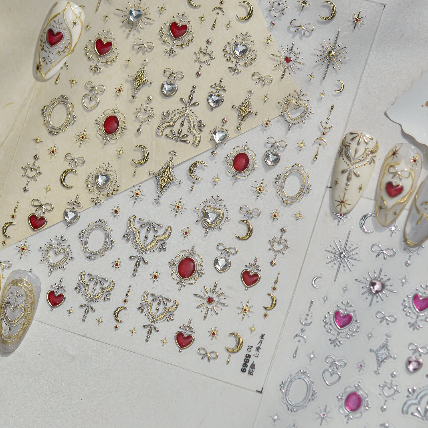 3D Metallic Celestial Nail Stickers - Vintage Heart & Moon Decals 5969