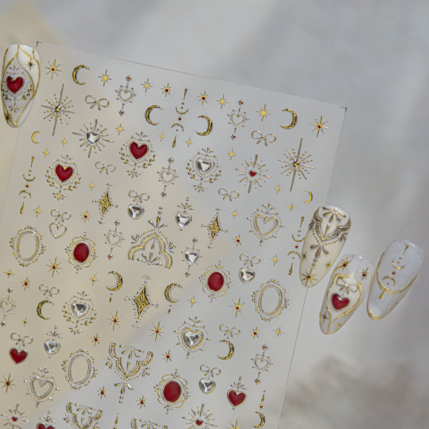 3D Metallic Celestial Nail Stickers - Vintage Heart & Moon Decals 5969