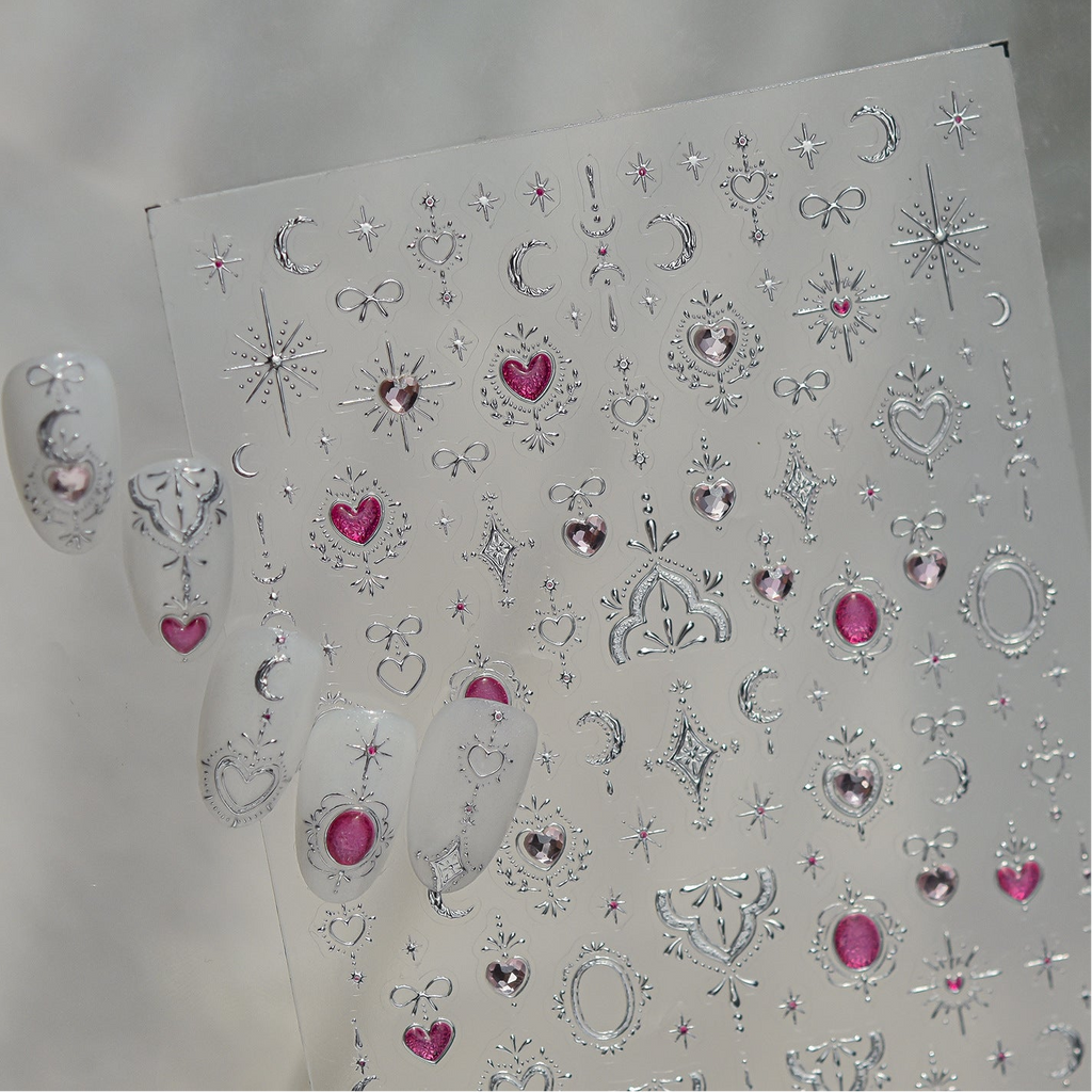 3D Metallic Celestial Nail Stickers - Vintage Heart & Moon Decals 5969
