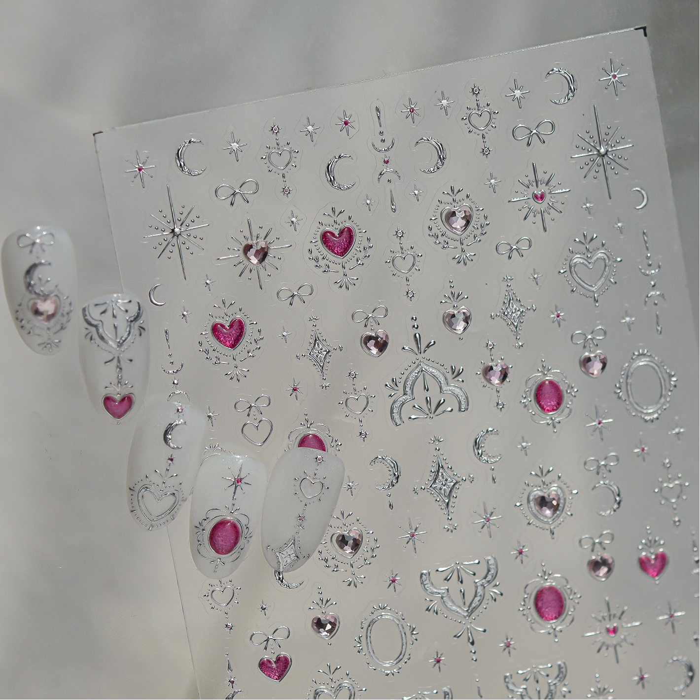 3D Metallic Celestial Nail Stickers - Vintage Heart & Moon Decals 5969