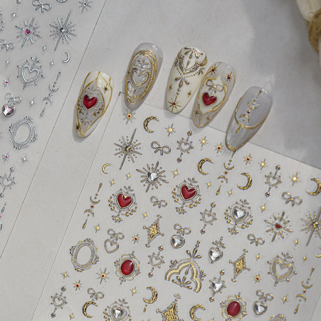 3D Metallic Celestial Nail Stickers - Vintage Heart & Moon Decals 5969