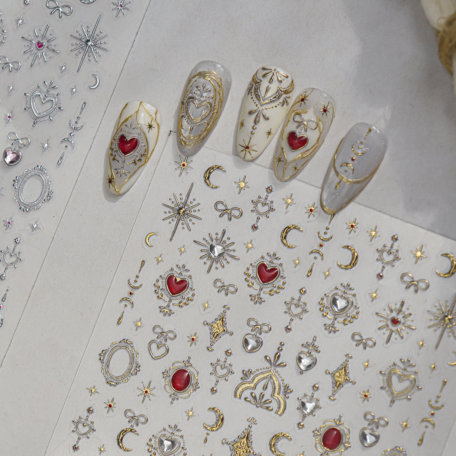3D Metallic Celestial Nail Stickers - Vintage Heart & Moon Decals 5969