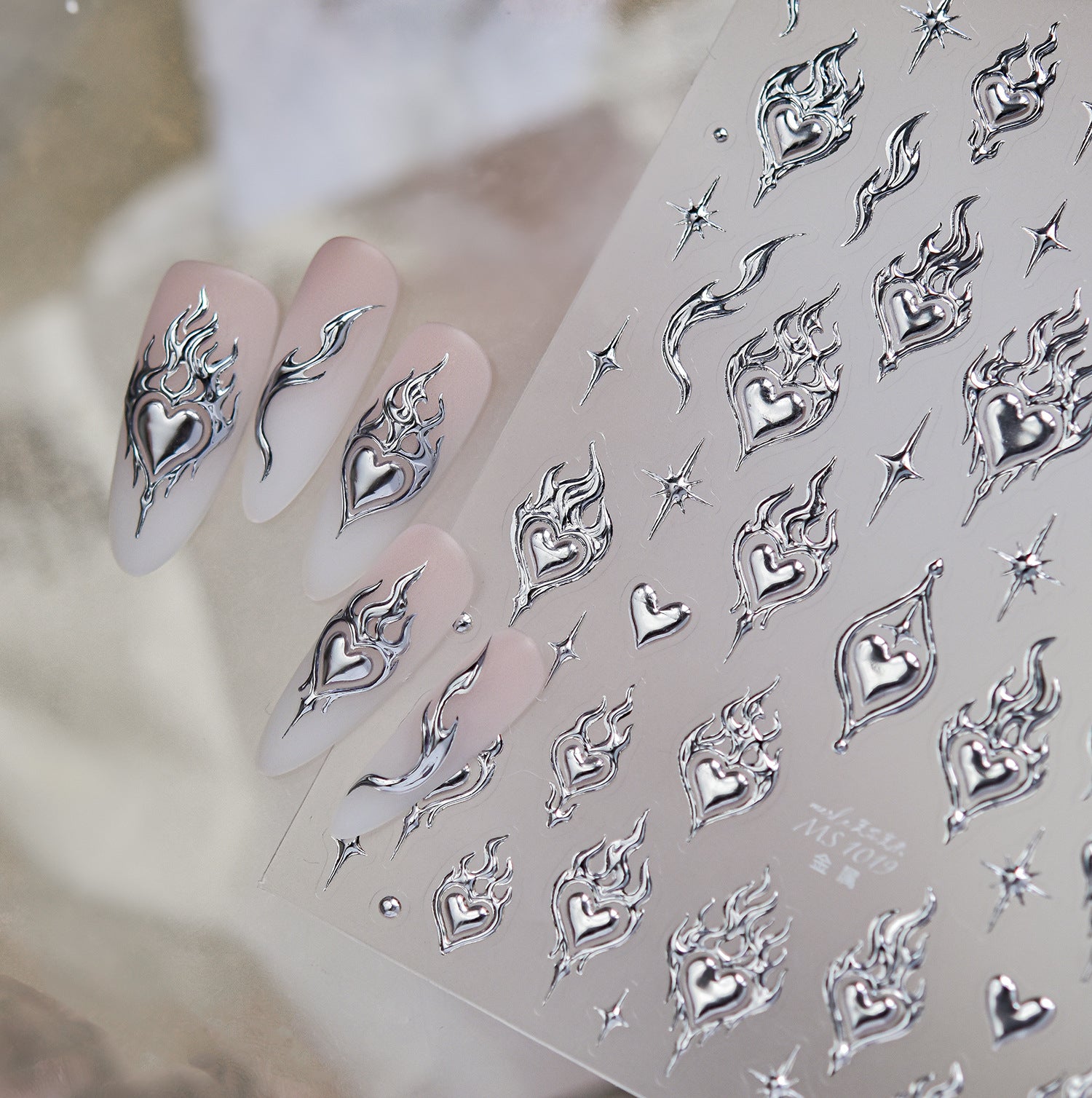 3D Metallic Cyber Goth Butterfly Heart Nail Stickers Chrome Decals 1016