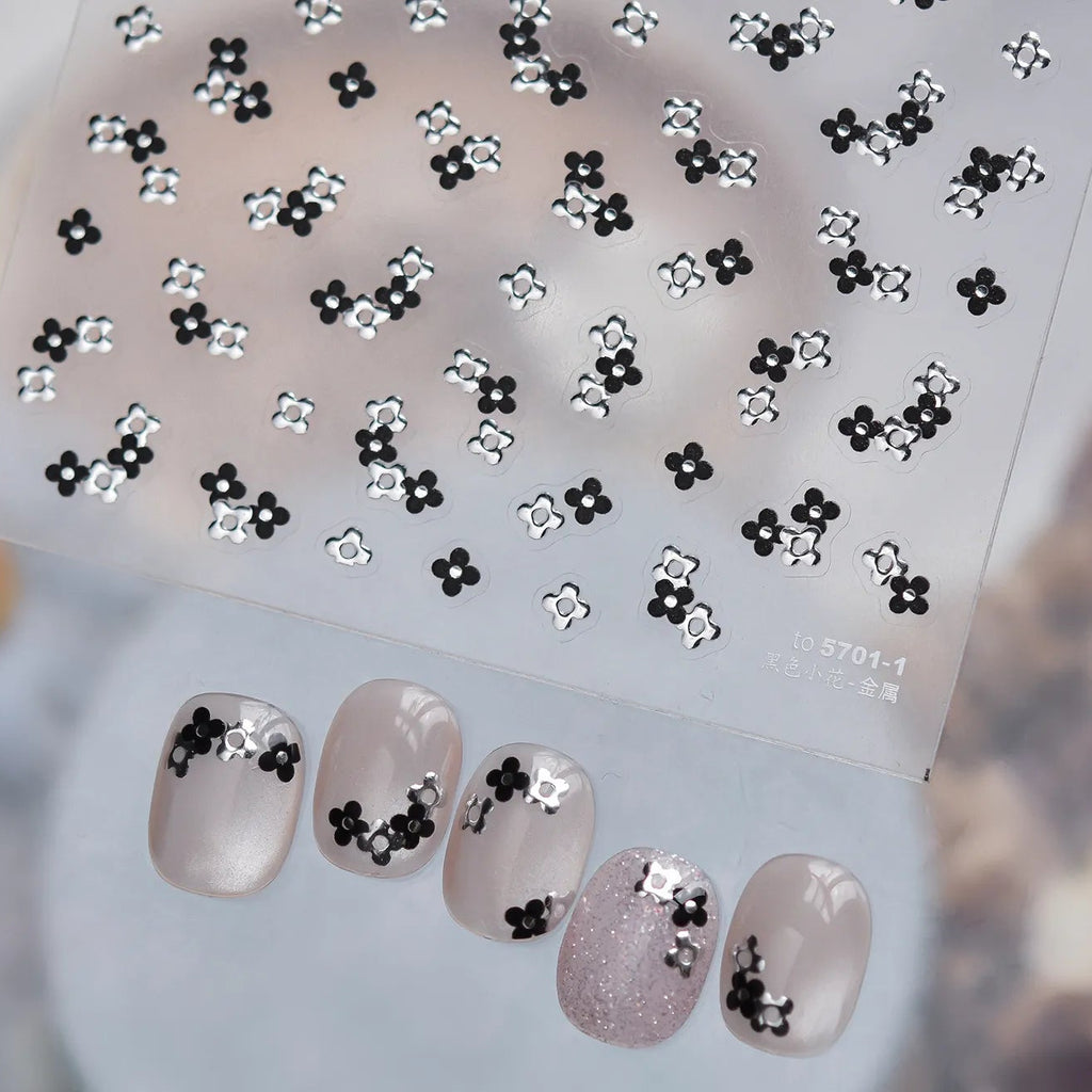 3D Metallic Floral Nail Stickers - Elegant Chrome & Pearl Flower Decals