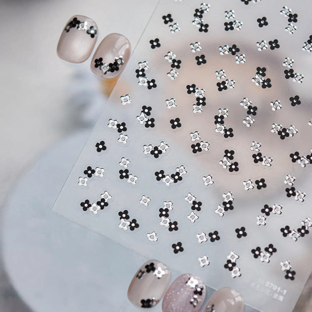 3D Metallic Floral Nail Stickers - Elegant Chrome & Pearl Flower Decals