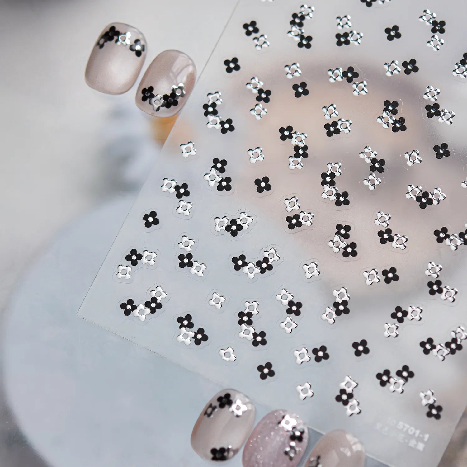 3D Metallic Floral Nail Stickers - Elegant Chrome & Pearl Flower Decals