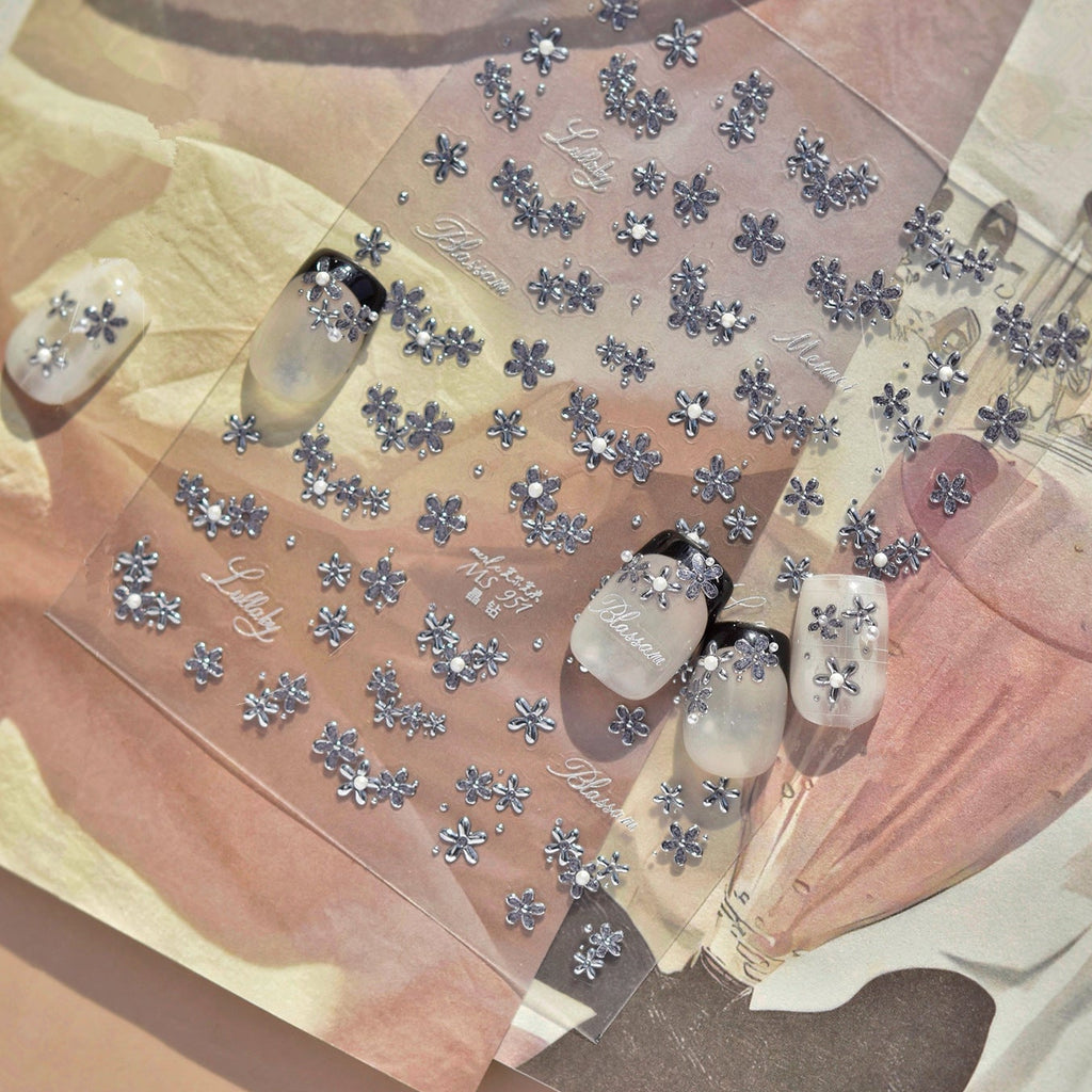 3D Metallic Floral Nail Stickers - Elegant Chrome & Pearl Flower Decals