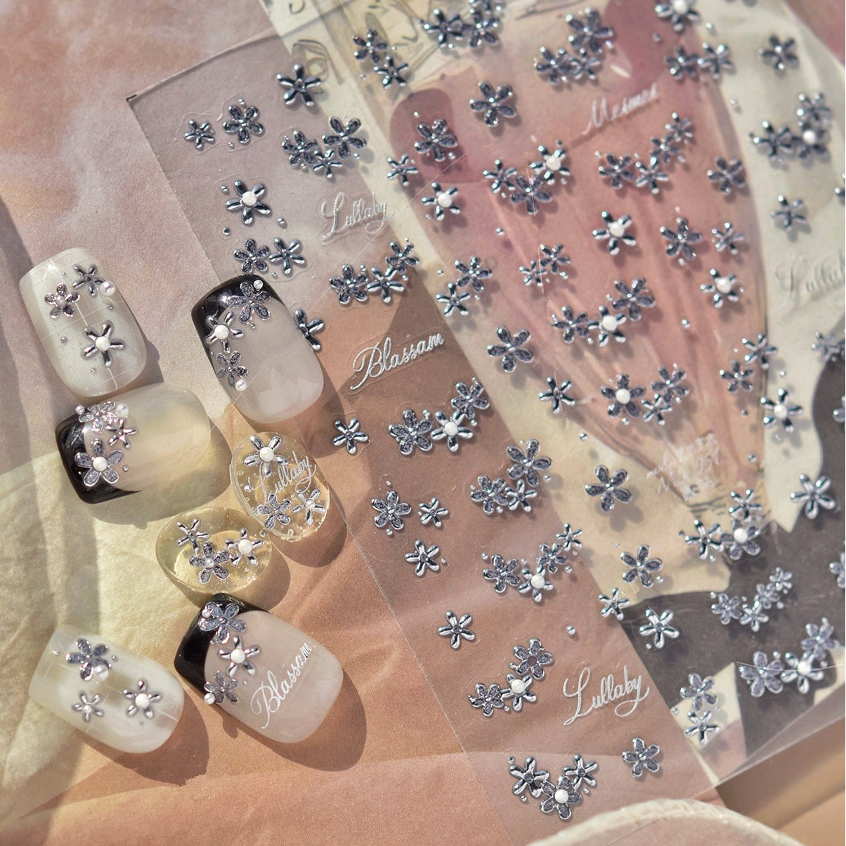 3D Metallic Floral Nail Stickers - Elegant Chrome & Pearl Flower Decals