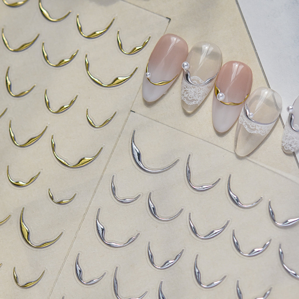 3D Metallic French Line Nail Stickers Gold Silver Chrome Wave Decals 1029