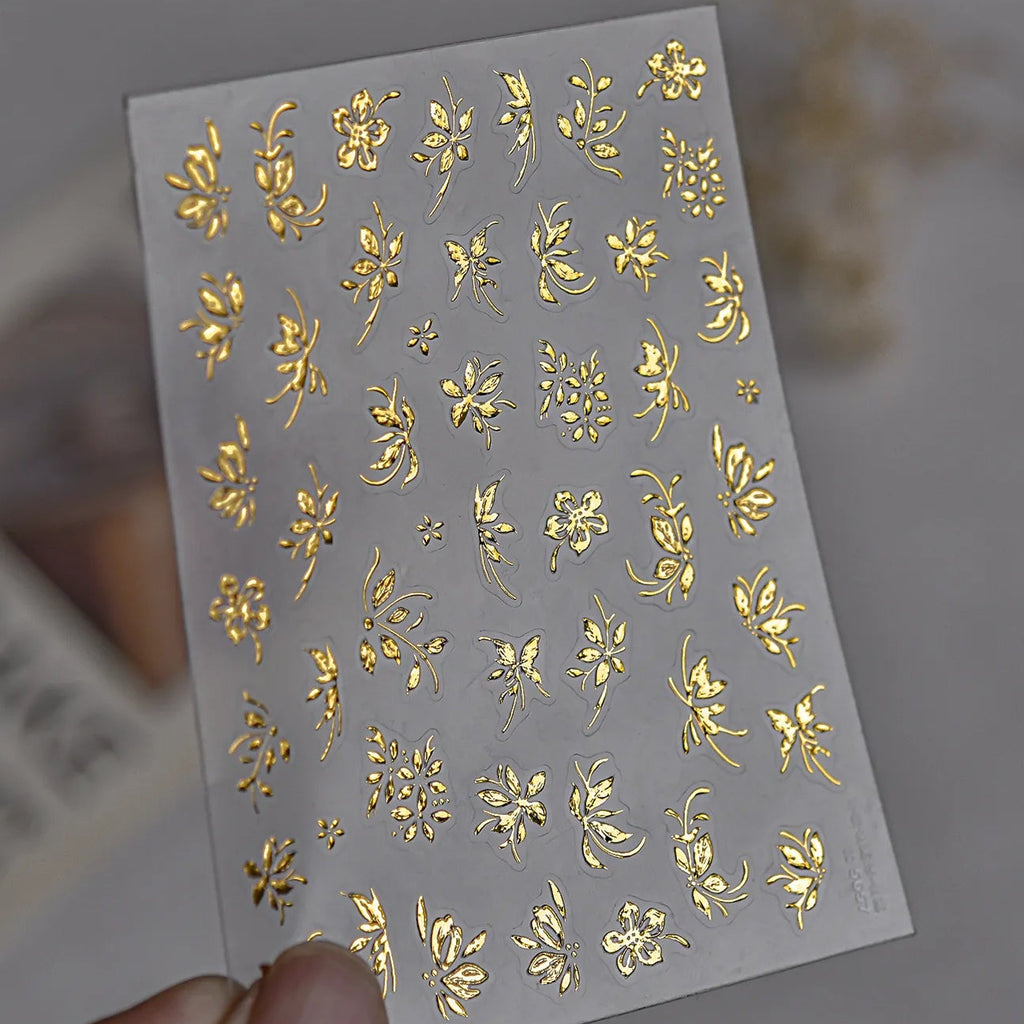 3D Metallic Gold & Silver Botanical Floral Nail Stickers Decals 5657