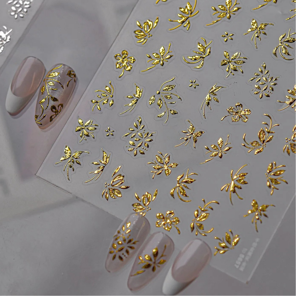 3D Metallic Gold & Silver Botanical Floral Nail Stickers Decals 5657