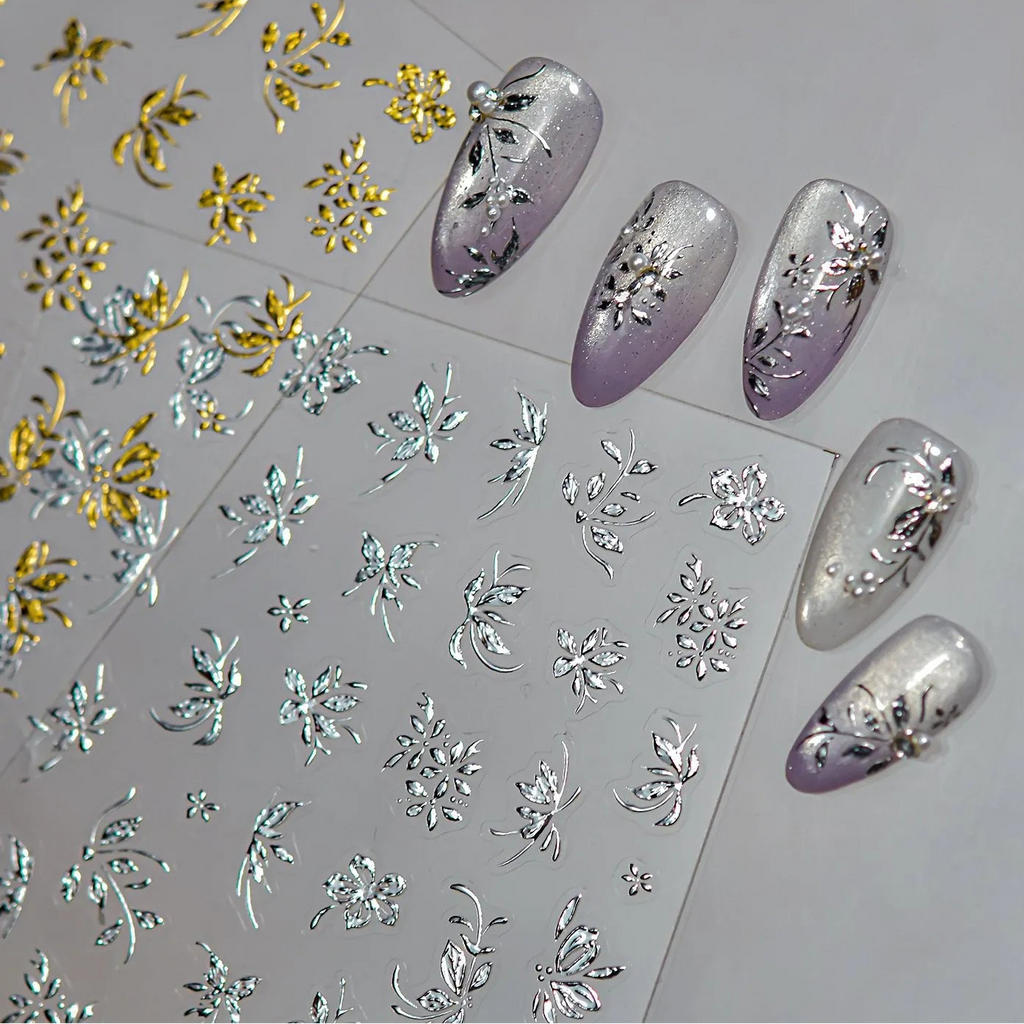 3D Metallic Gold & Silver Botanical Floral Nail Stickers Decals 5657