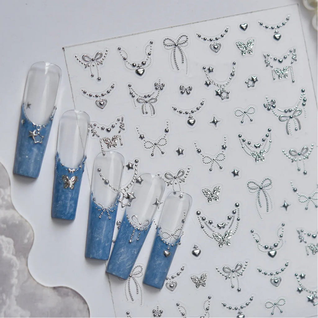 3D Metallic Jewelry Nail Stickers - Coquette Bows Pendant Chains Decals