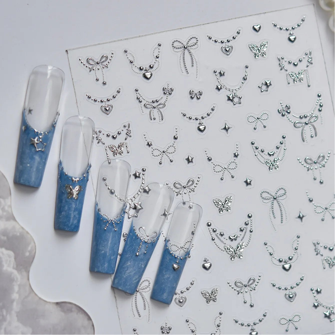 3D Metallic Jewelry Nail Stickers - Coquette Bows Pendant Chains Decals