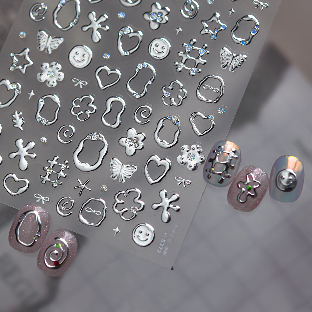 3D Metallic Silver Nail Stickers - Chrome Y2K Butterfly & Heart Decals