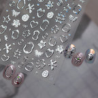 3D Metallic Silver Nail Stickers - Chrome Y2K Butterfly & Heart Decals