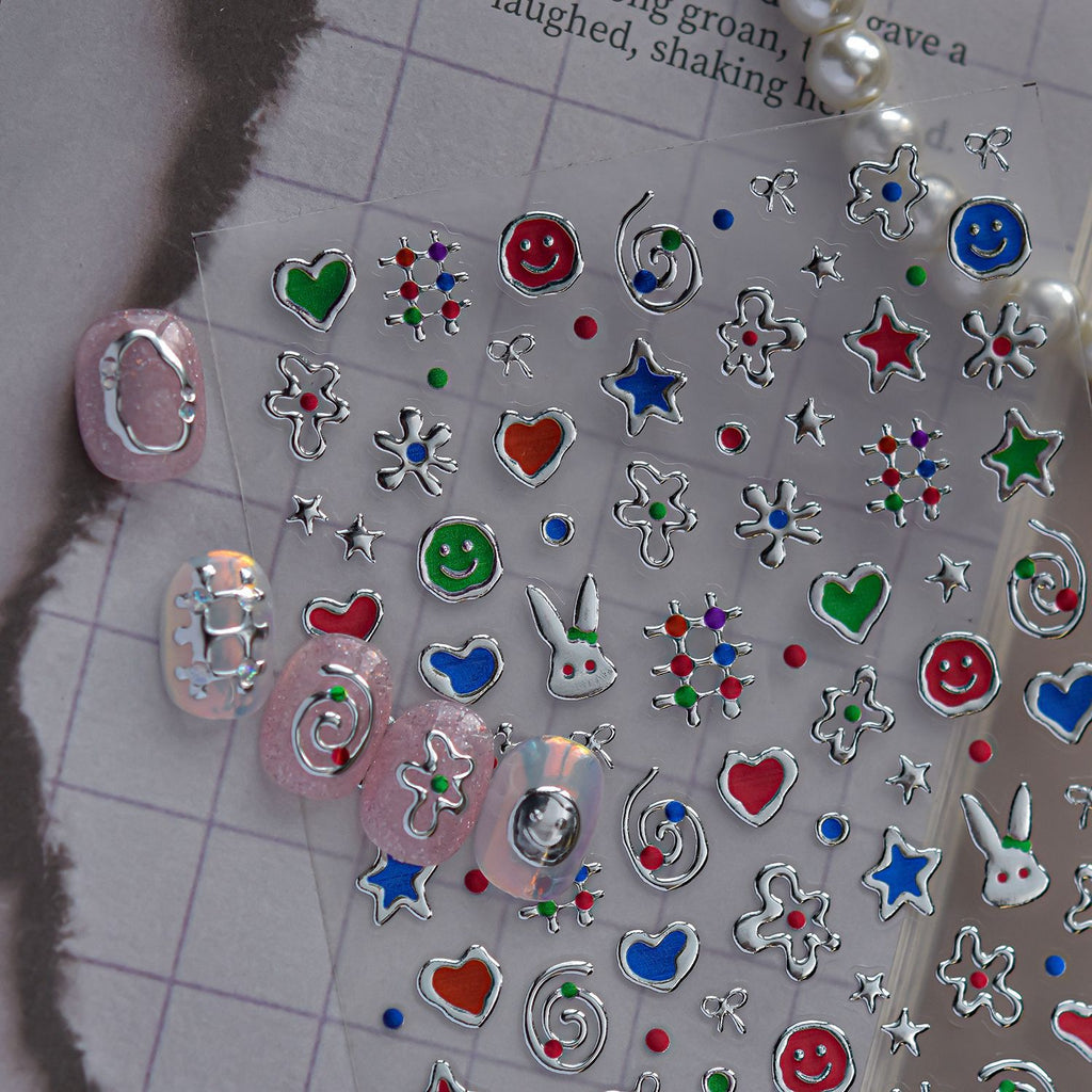 3D Metallic Silver Nail Stickers - Chrome Y2K Butterfly & Heart Decals