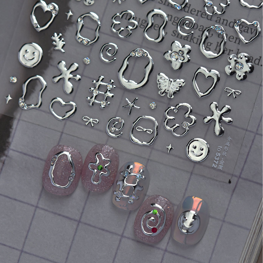3D Metallic Silver Nail Stickers - Chrome Y2K Butterfly & Heart Decals