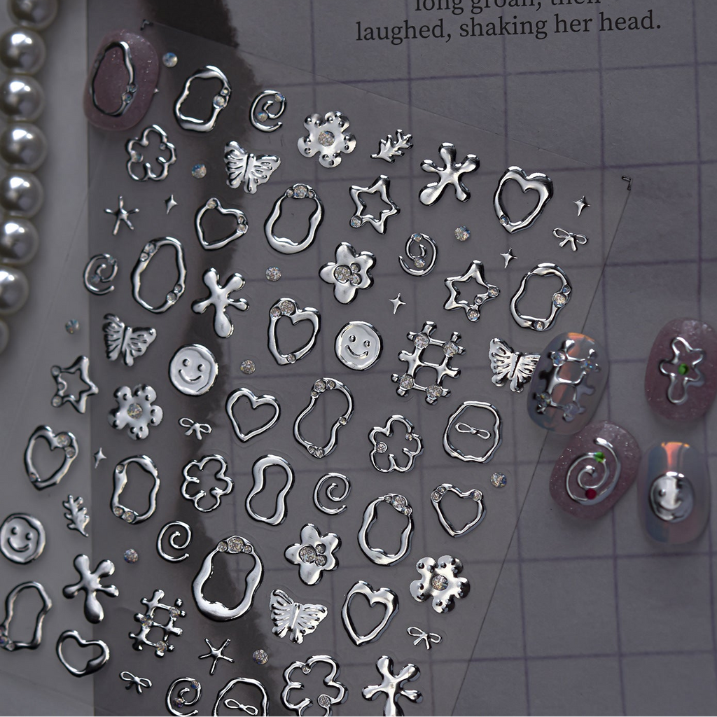 3D Metallic Silver Nail Stickers - Chrome Y2K Butterfly & Heart Decals