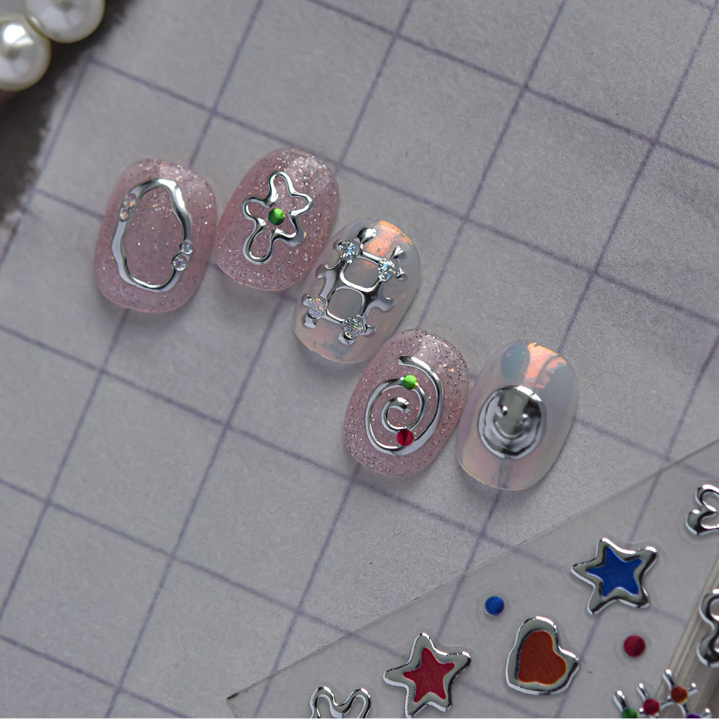 3D Metallic Silver Nail Stickers - Chrome Y2K Butterfly & Heart Decals