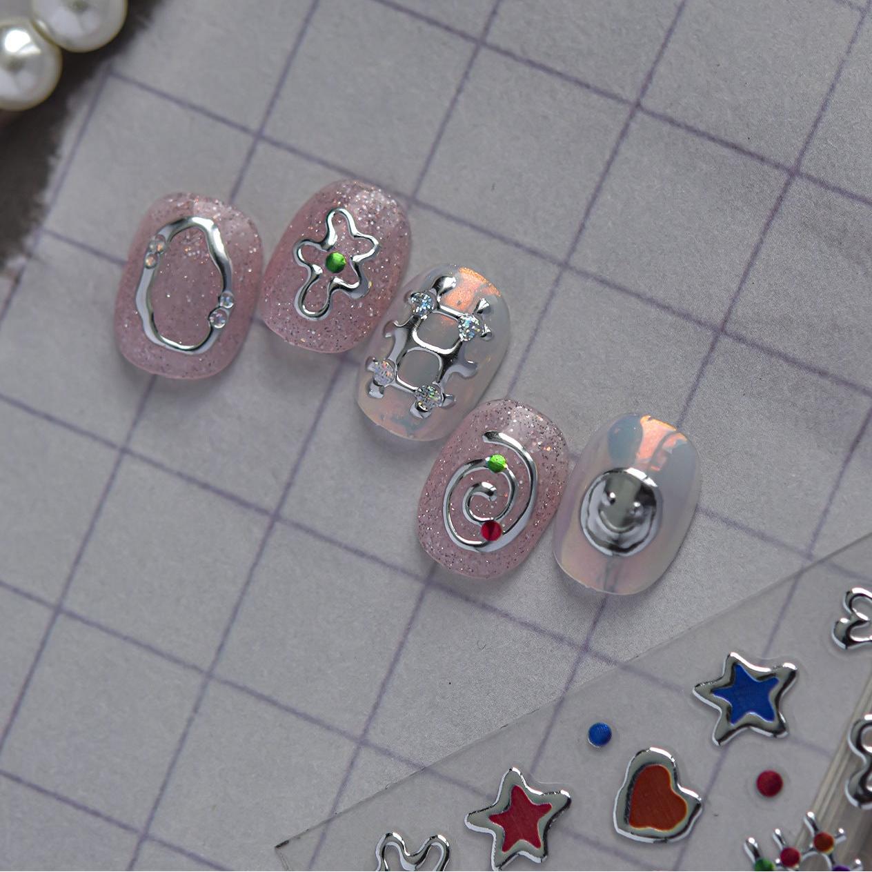 3D Metallic Silver Nail Stickers - Chrome Y2K Butterfly & Heart Decals