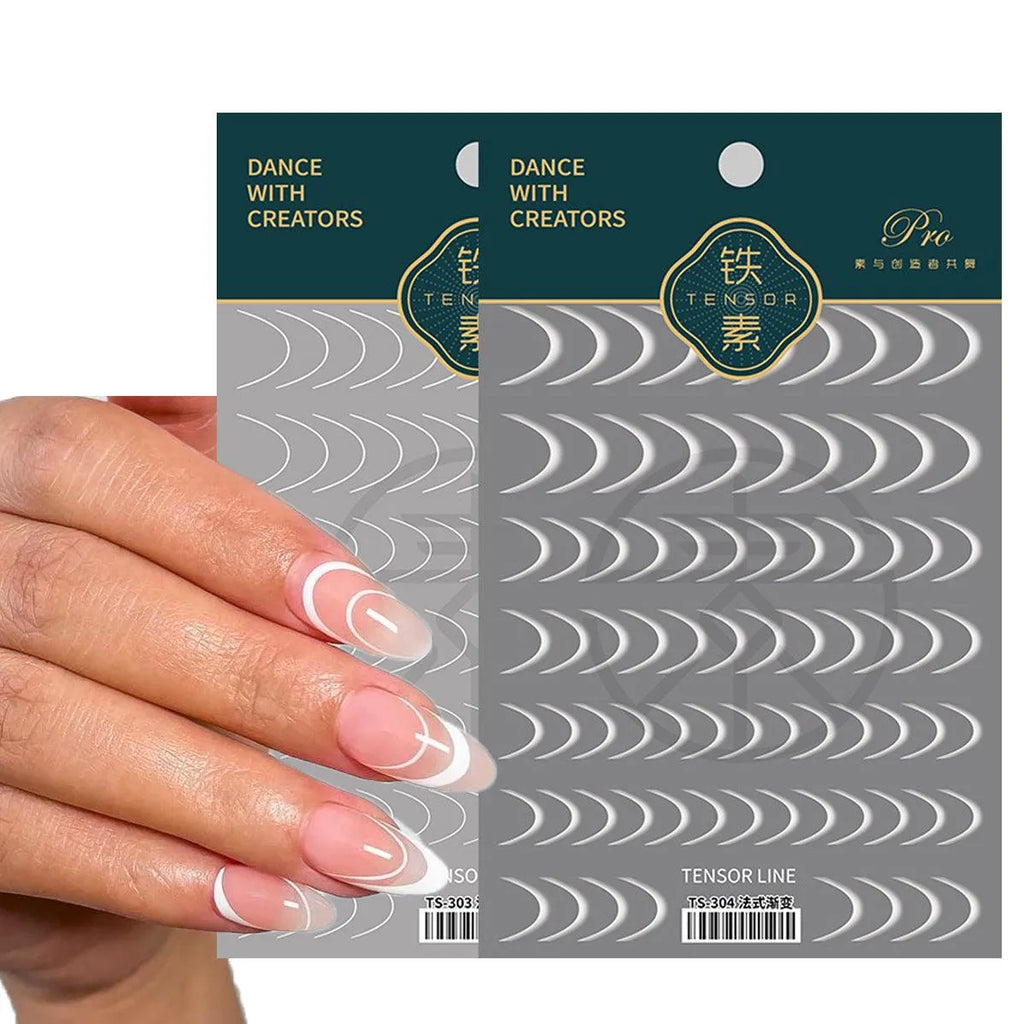 3D Modern French Tip Line Nail Stickers | White Minimalist Swirl Nail Art Decals TS303