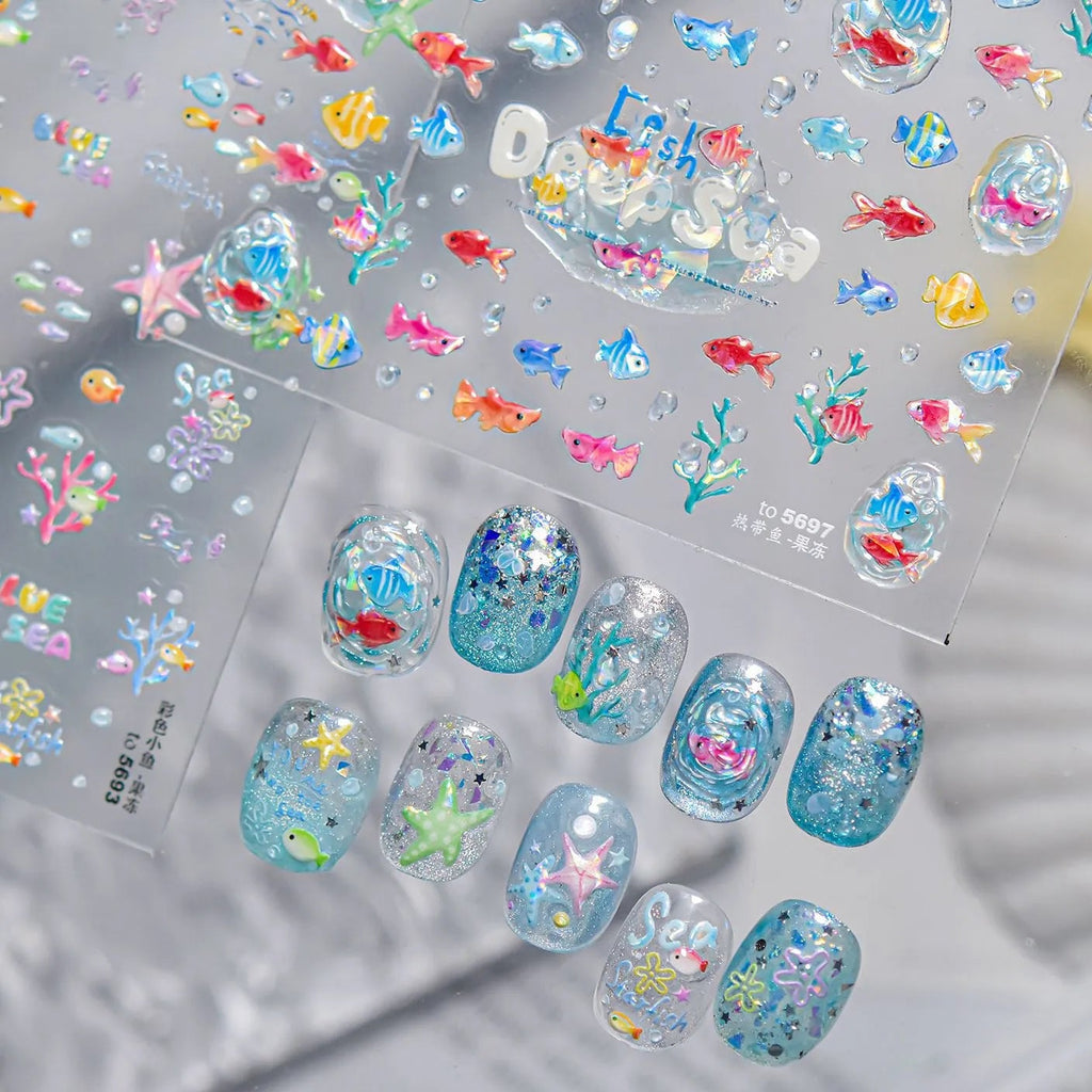 3D Ocean Nail Stickers Mermaid Sea Fish Coral Jelly Decals