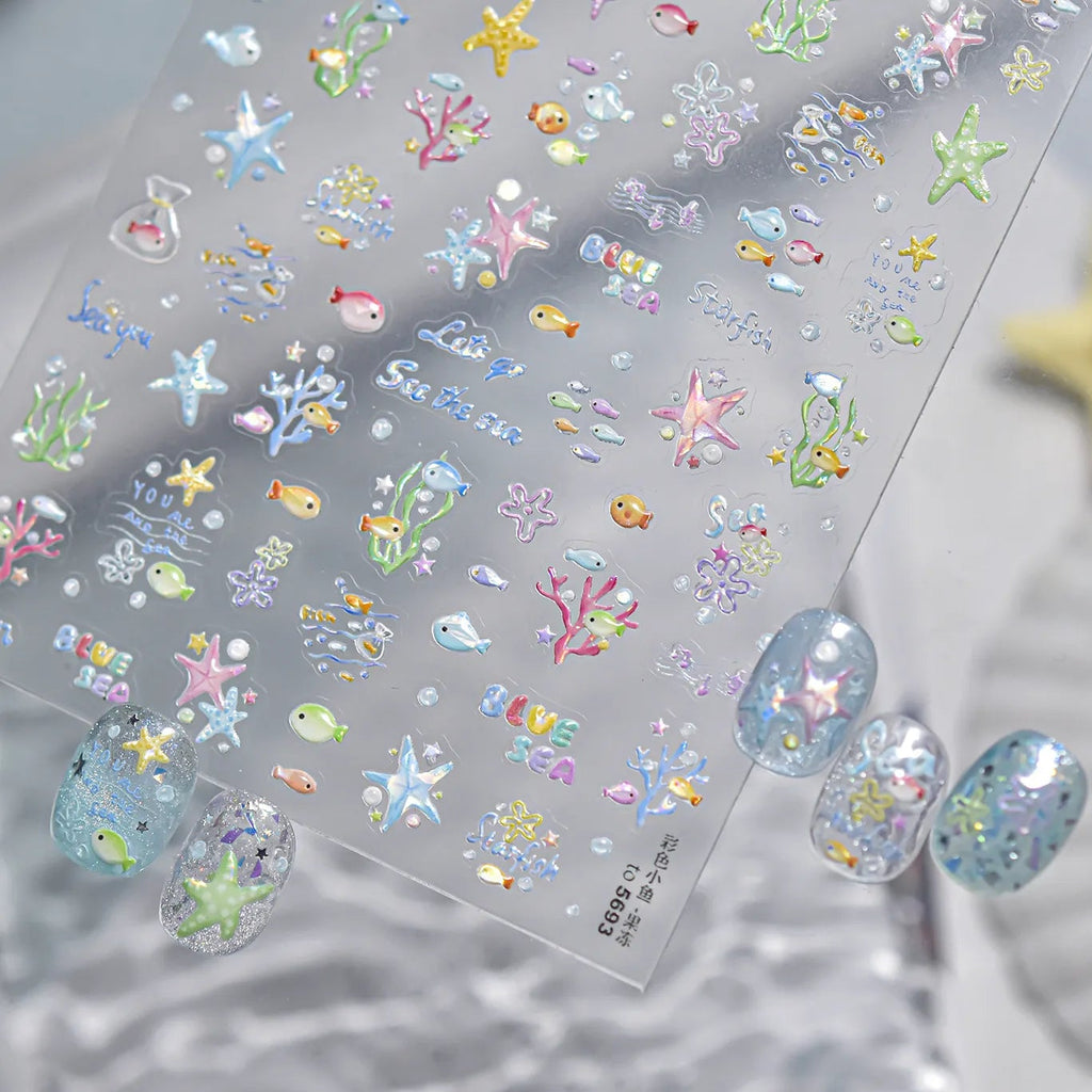 3D Ocean Nail Stickers Mermaid Sea Fish Coral Jelly Decals