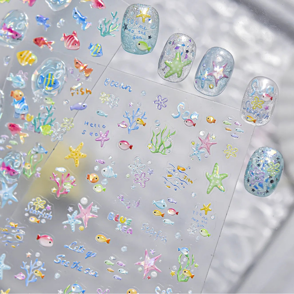 3D Ocean Nail Stickers Mermaid Sea Fish Coral Jelly Decals
