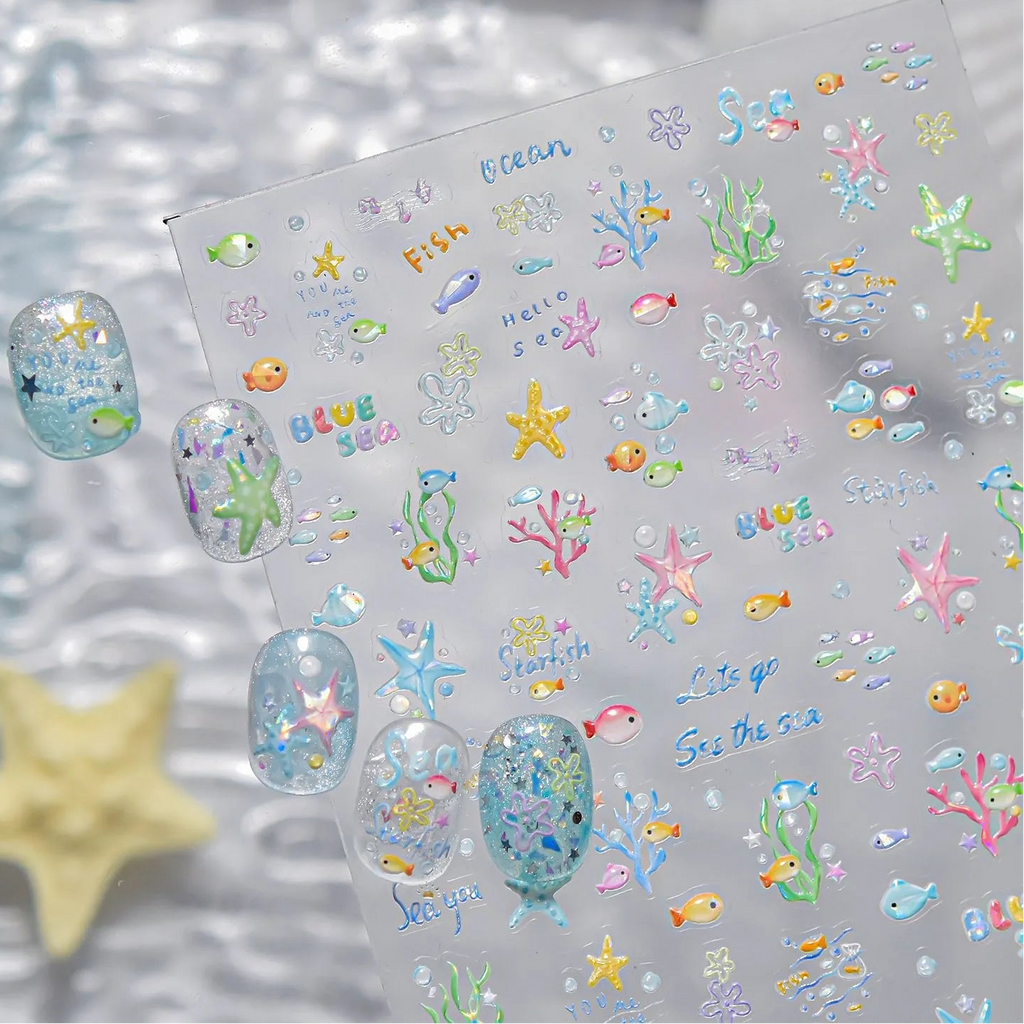3D Ocean Nail Stickers Mermaid Sea Fish Coral Jelly Decals