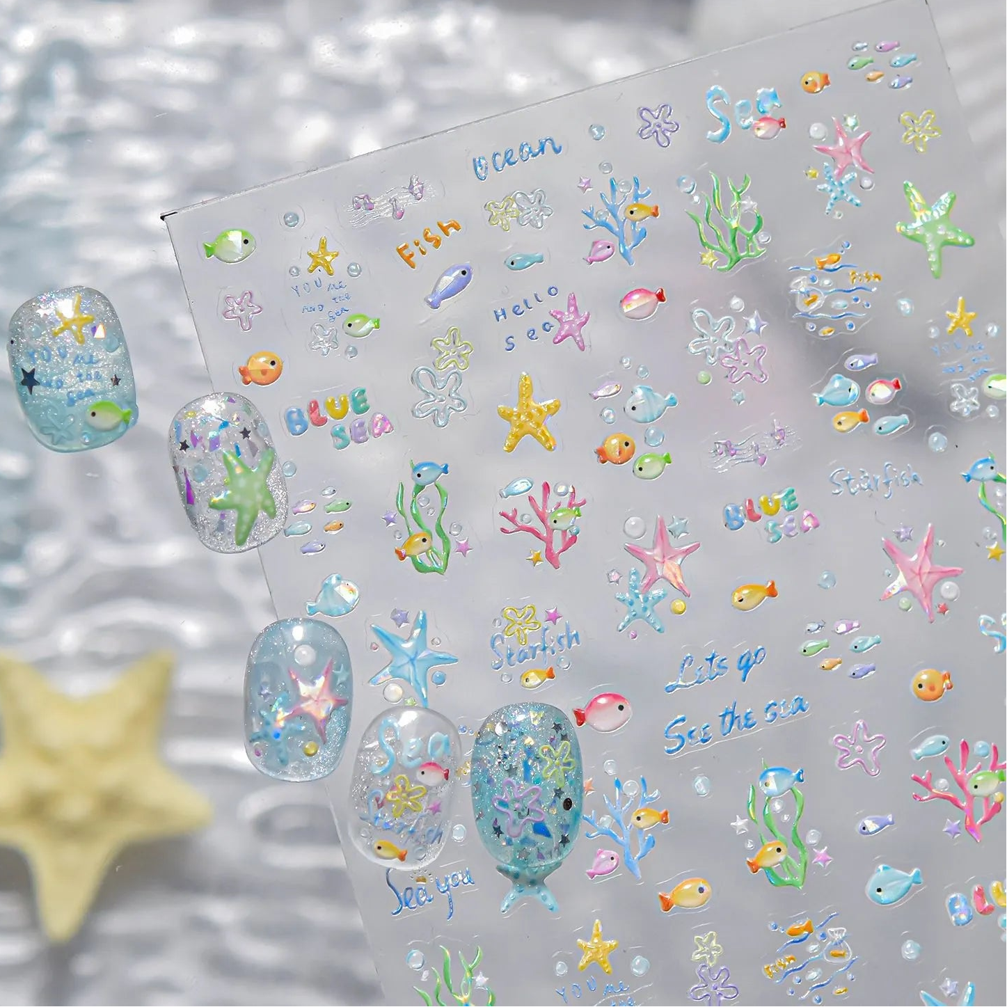 3D Ocean Nail Stickers Mermaid Sea Fish Coral Jelly Decals