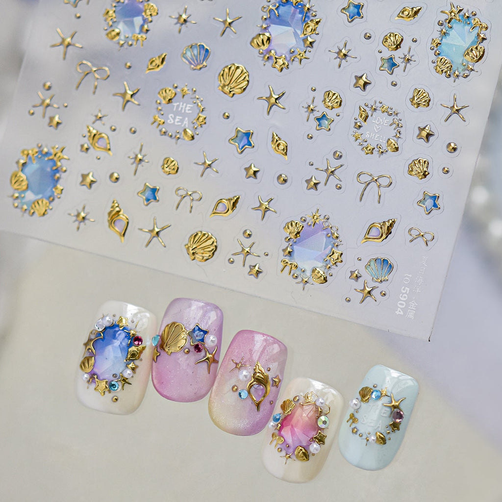 3D Ocean Seashell Starfish Nail Stickers Y2K Mermaid Core Beach Decals 5904