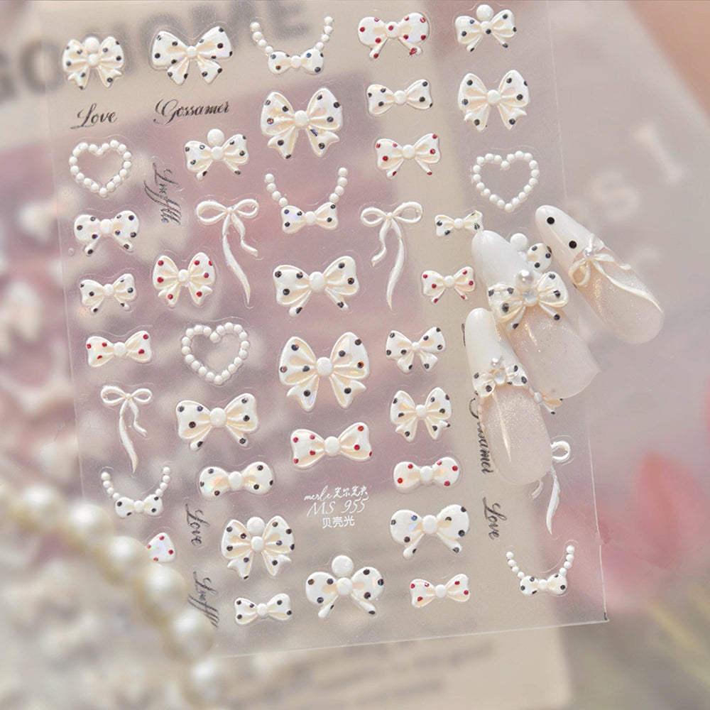 3D Pearl Bow Nail Art Stickers - Coquette Ribbon & Heart Decals