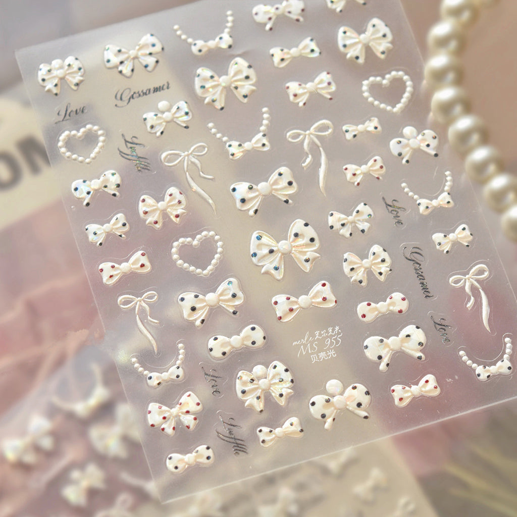 3D Pearl Bow Nail Art Stickers - Coquette Ribbon & Heart Decals
