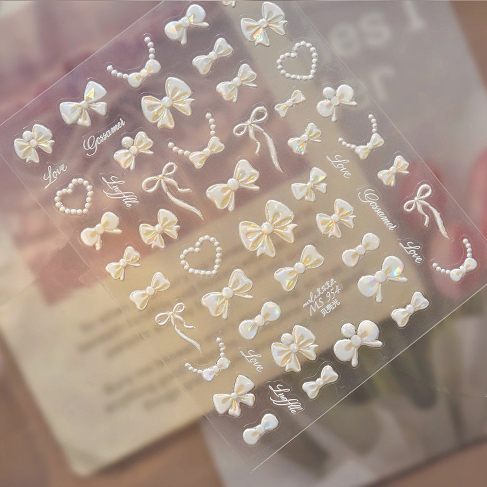 3D Pearl Bow Nail Art Stickers - Coquette Ribbon & Heart Decals