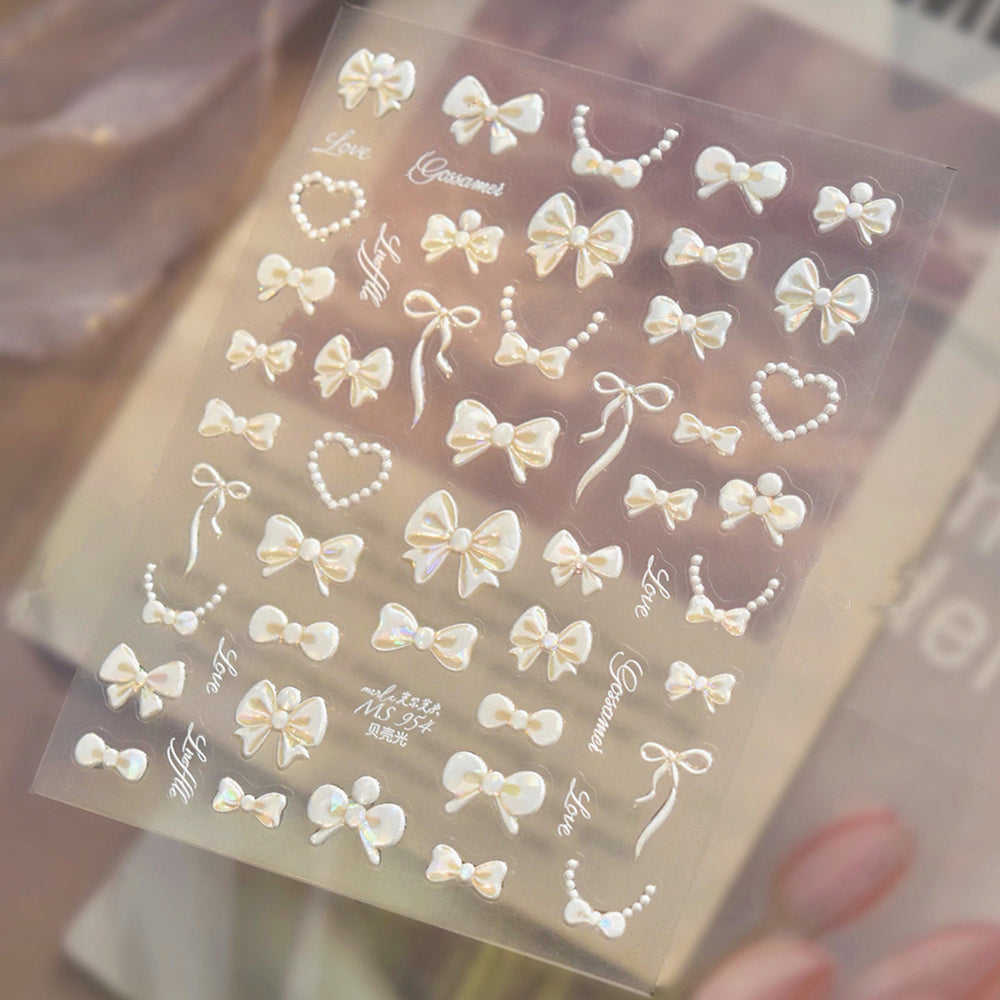 3D Pearl Bow Nail Art Stickers - Coquette Ribbon & Heart Decals