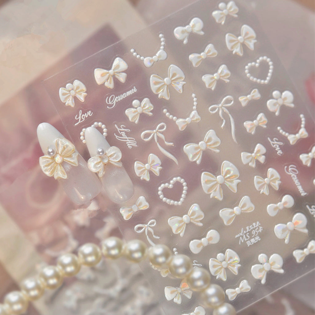 3D Pearl Bow Nail Art Stickers - Coquette Ribbon & Heart Decals