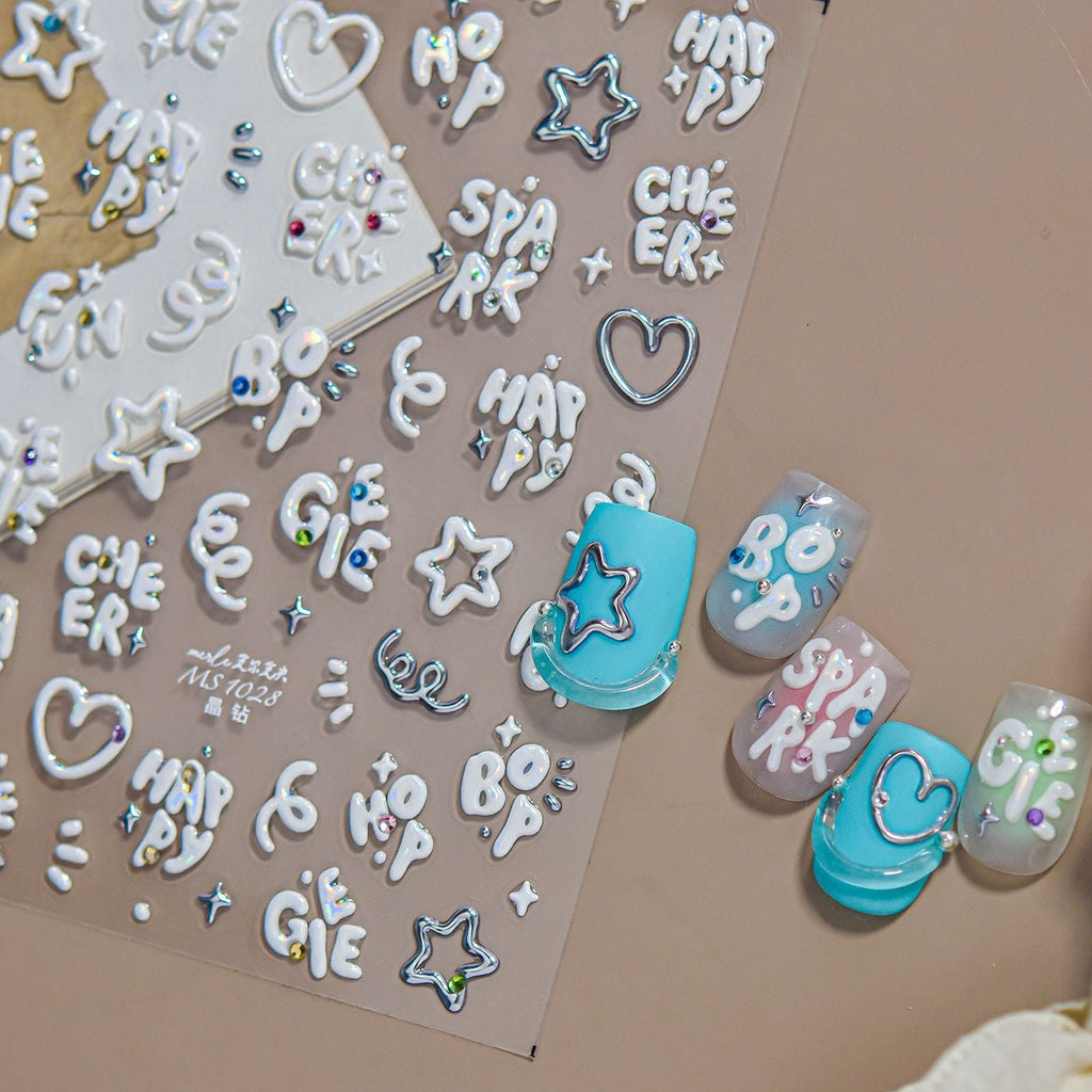 3D Puffy White Nail Stickers - Y2K Chrome Star & Heart Decals 1026
