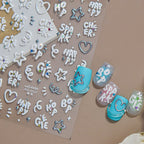 3D Puffy White Nail Stickers - Y2K Chrome Star & Heart Decals 1026
