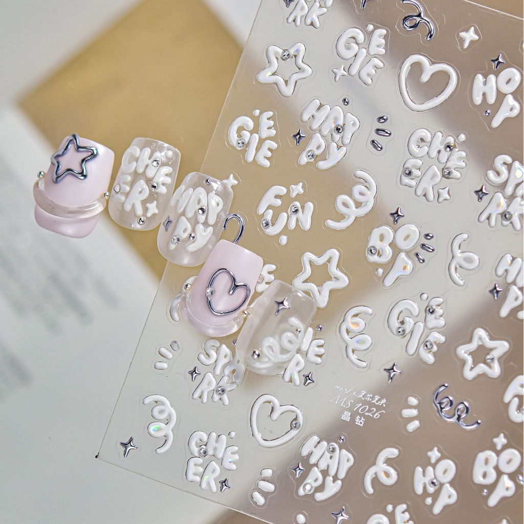 3D Puffy White Nail Stickers - Y2K Chrome Star & Heart Decals
