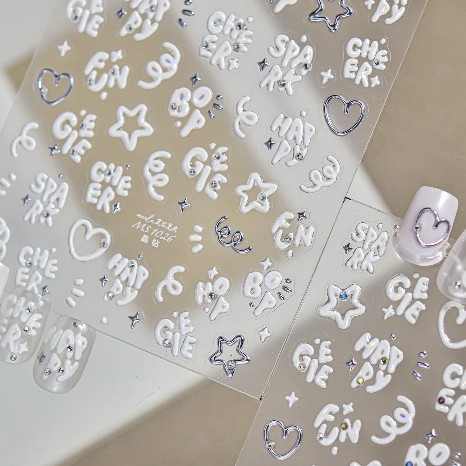 3D Puffy White Nail Stickers - Y2K Chrome Star & Heart Decals