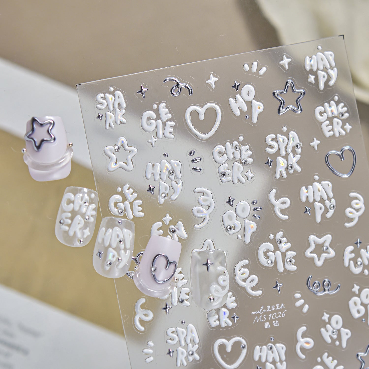 3D Puffy White Nail Stickers - Y2K Chrome Star & Heart Decals