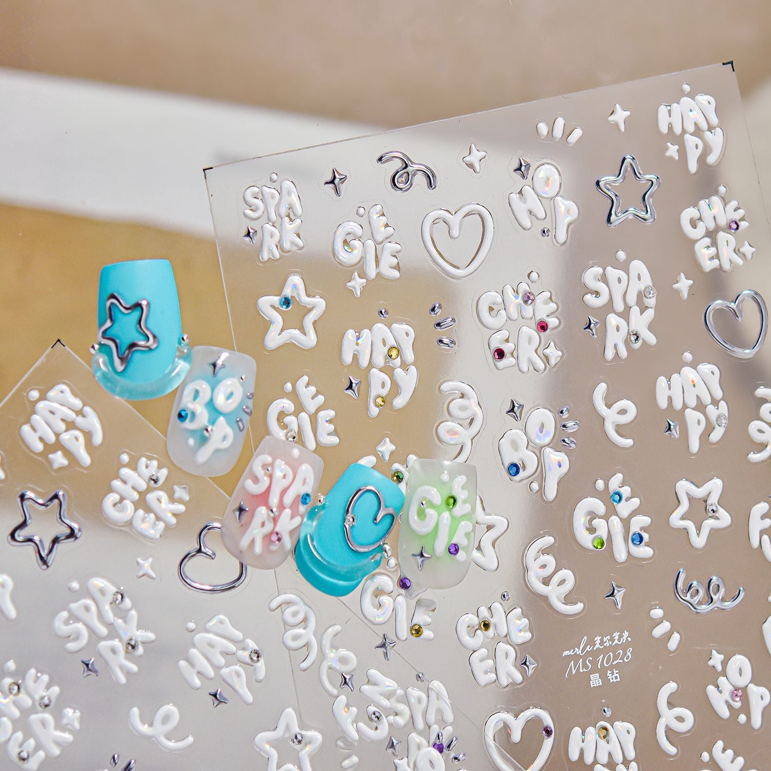3D Puffy White Nail Stickers - Y2K Chrome Star & Heart Decals