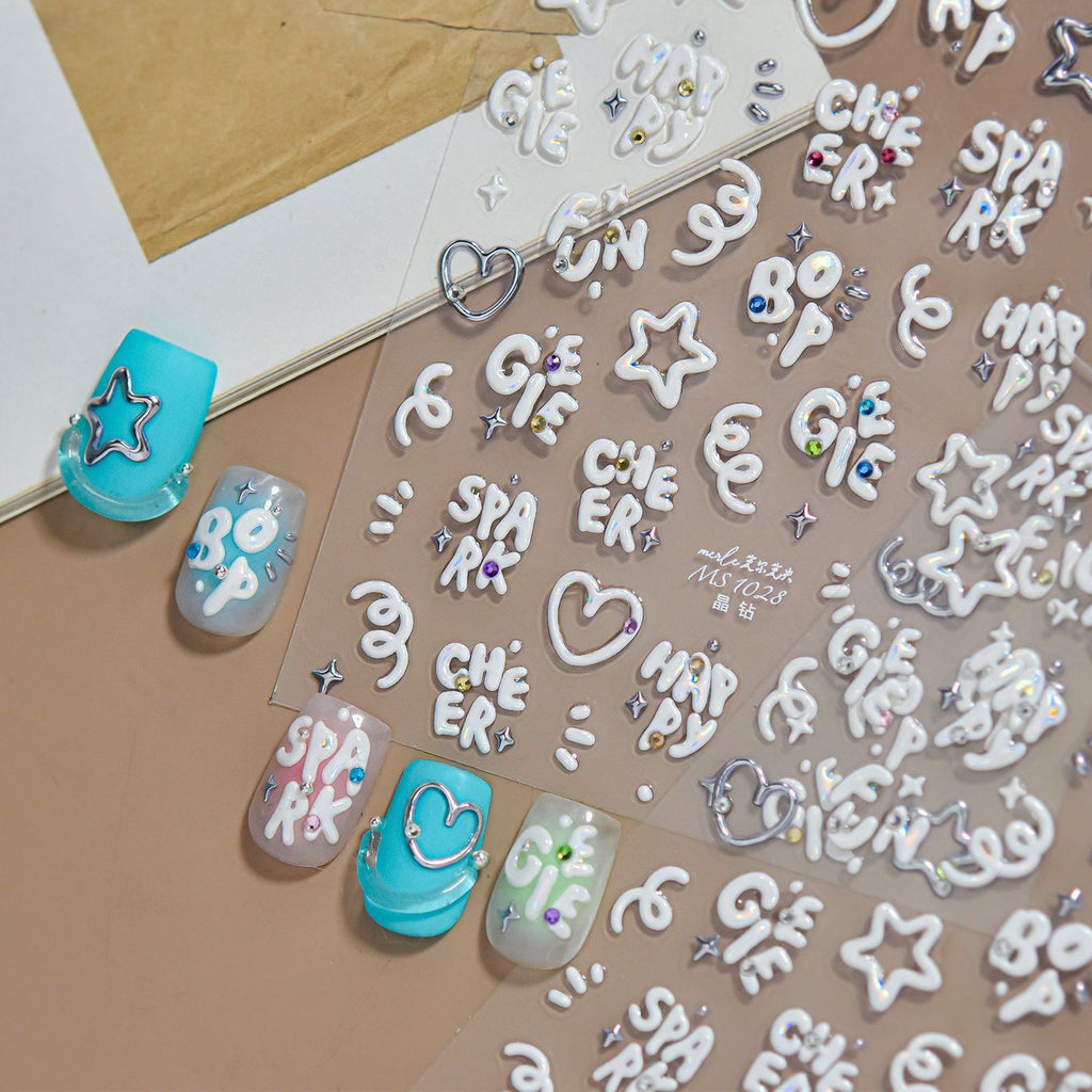 3D Puffy White Nail Stickers - Y2K Chrome Star & Heart Decals 1026