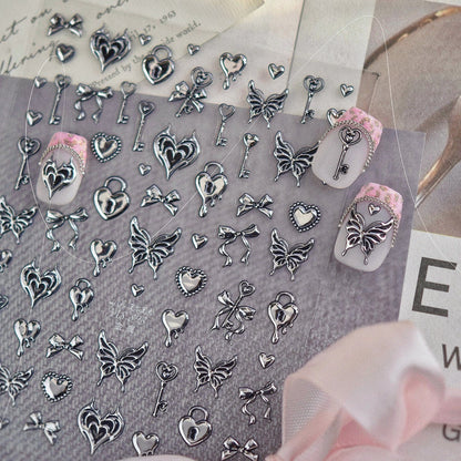 3D Retro Gold Silver Butterfly Heart Lock Key Nail Stickers MS893
