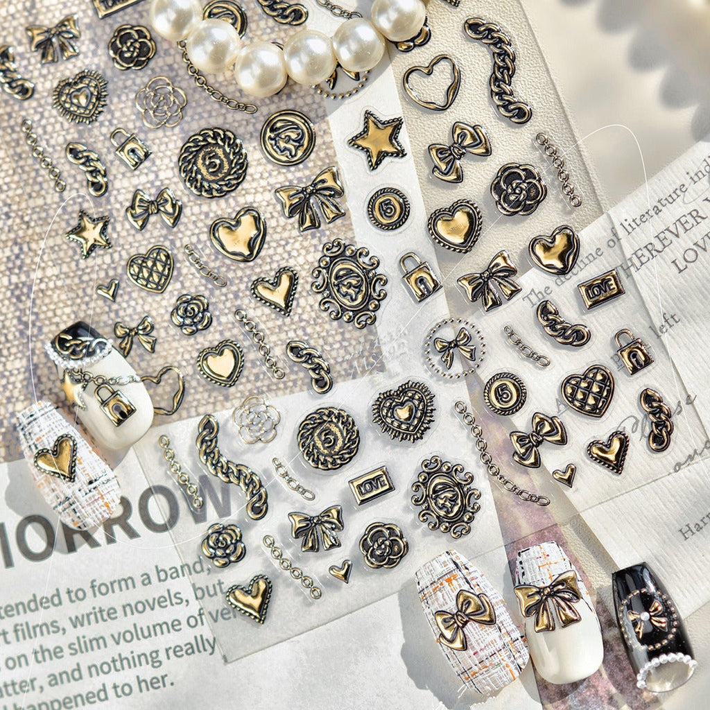 3D Retro Gold Silver Butterfly Heart Lock Key Nail Stickers MS893