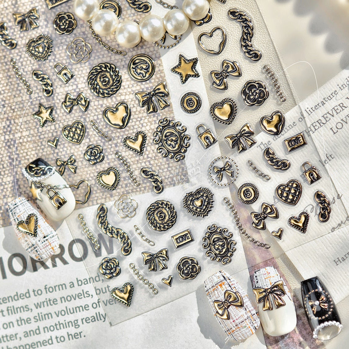 3D Retro Gold Silver Butterfly Heart Lock Key Nail Stickers MS893