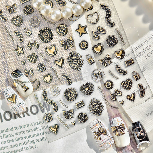 3D Retro Gold Silver Butterfly Heart Lock Key Nail Stickers MS893