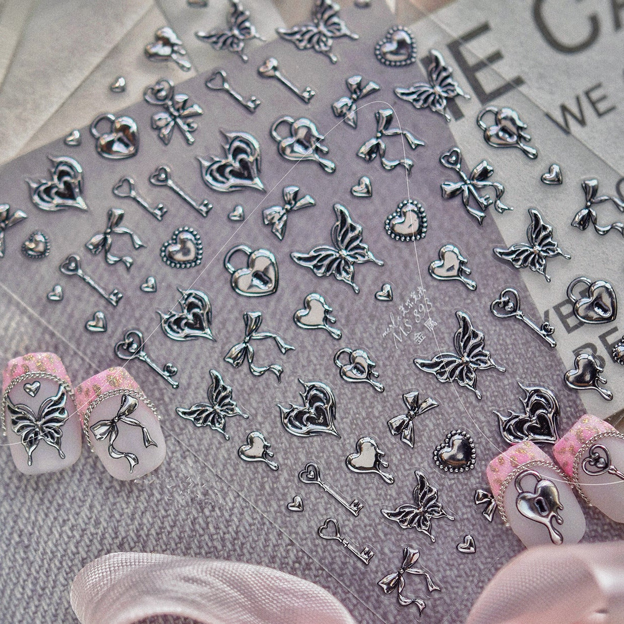 3D Retro Gold Silver Butterfly Heart Lock Key Nail Stickers MS893