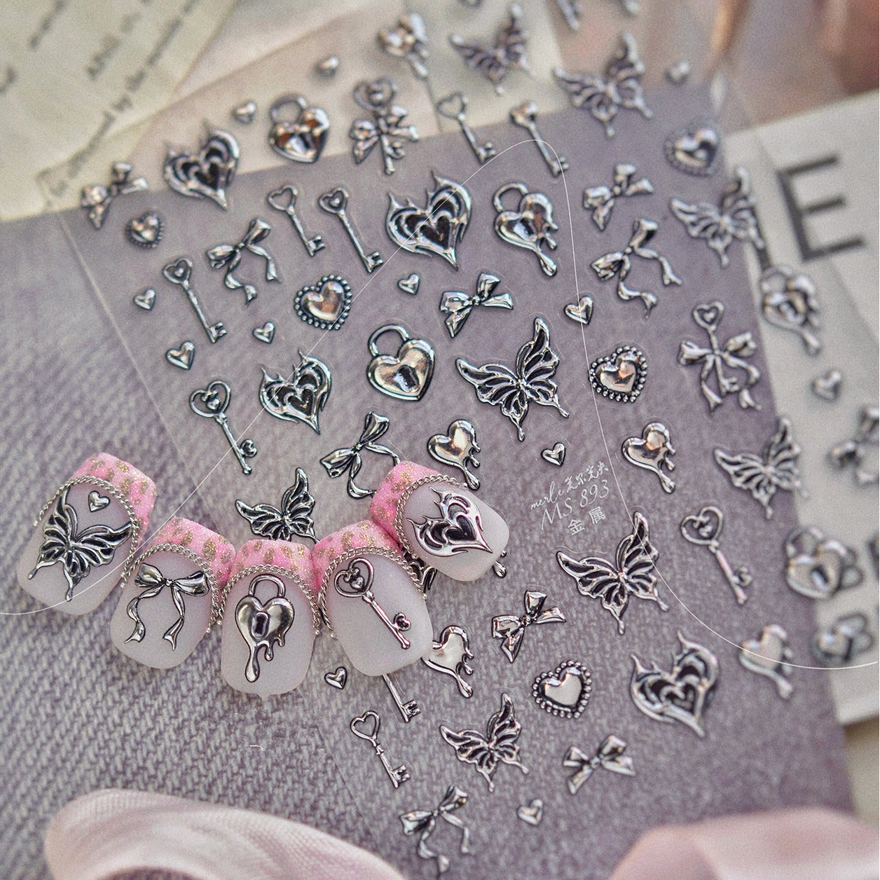 3D Retro Gold Silver Butterfly Heart Lock Key Nail Stickers MS893